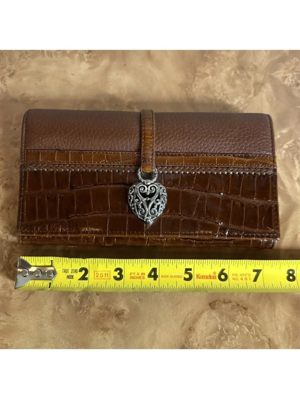 Brighton Brown Leather Croc Embossed Heart Charm Organizer Wallet